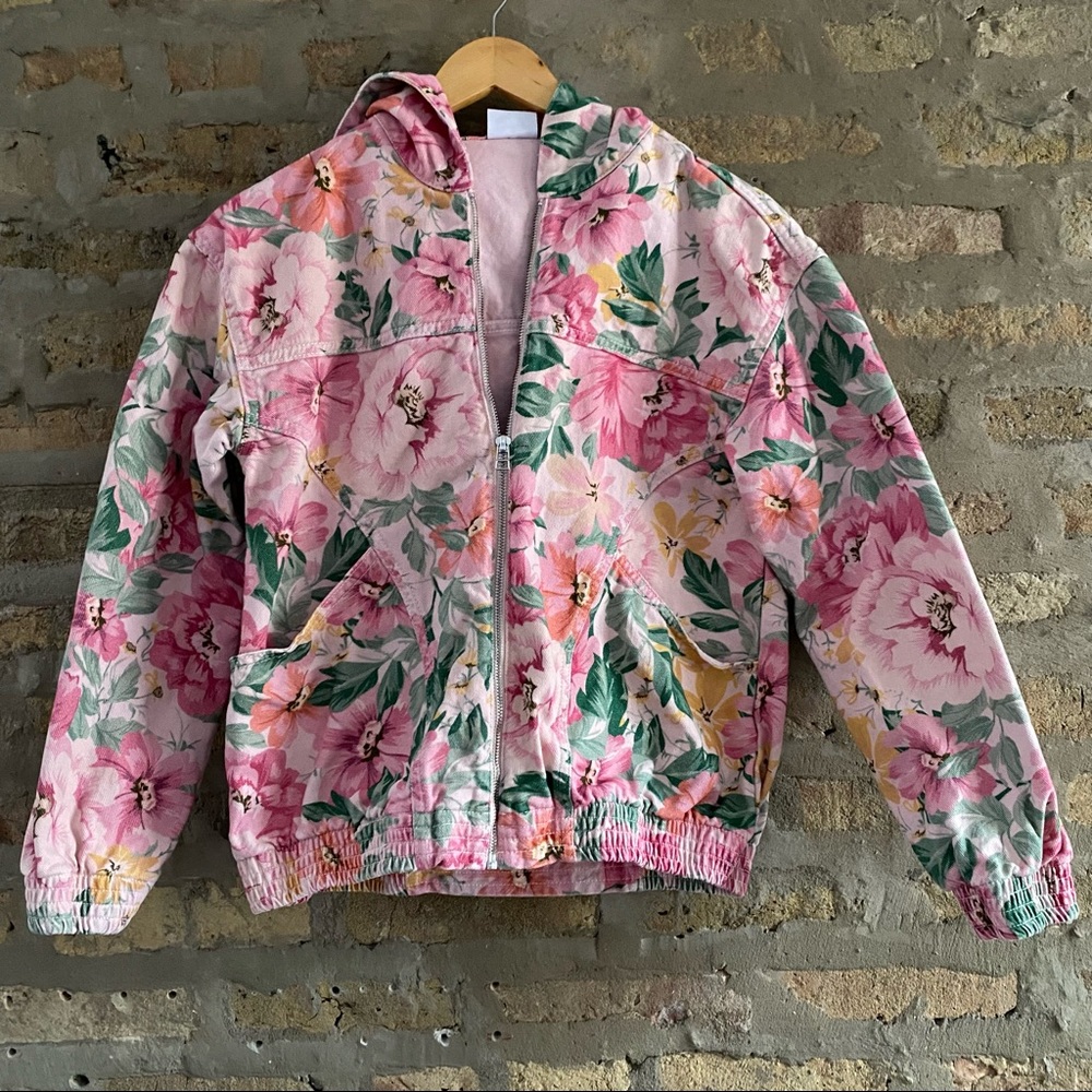 URBAN OUTFITTERS ~ Pink Floral Denim Hoodie Jacket - Picture 5 of 8
